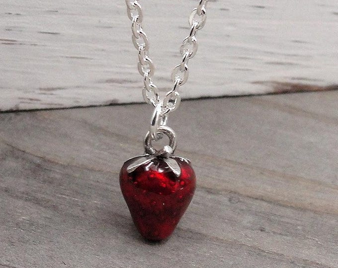 Red Strawberry Necklace, Silver and Red Strawberry Charm Necklace, 3D Strawberry Charm, Strawberry Pendant, Strawberry Gift