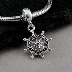 Captain&#39;s Wheel European Charm, Silver Ship Wheel Dangle Charm, Ship Wheel Charm with Bail, Ship Helm Charm, Nautical Charm, Sailing Charm