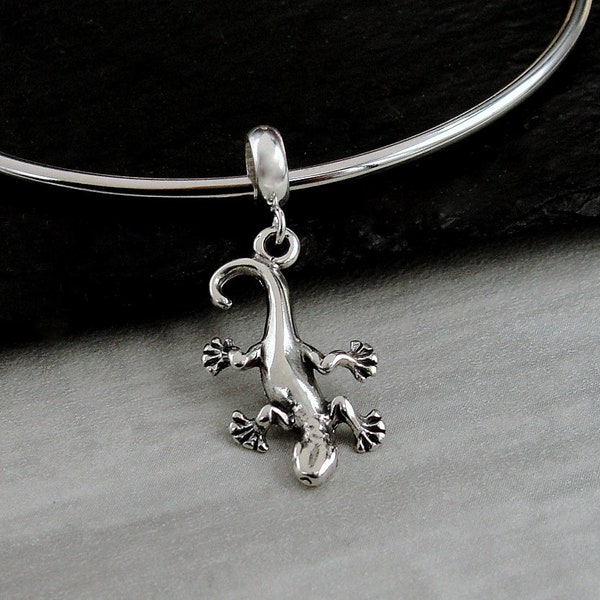 925 Sterling Silver Gecko Dangle Charm, Gecko European Charm, Lizard European Charm, Bracelet Charm, Large Hole Bead, Big Hole Bead