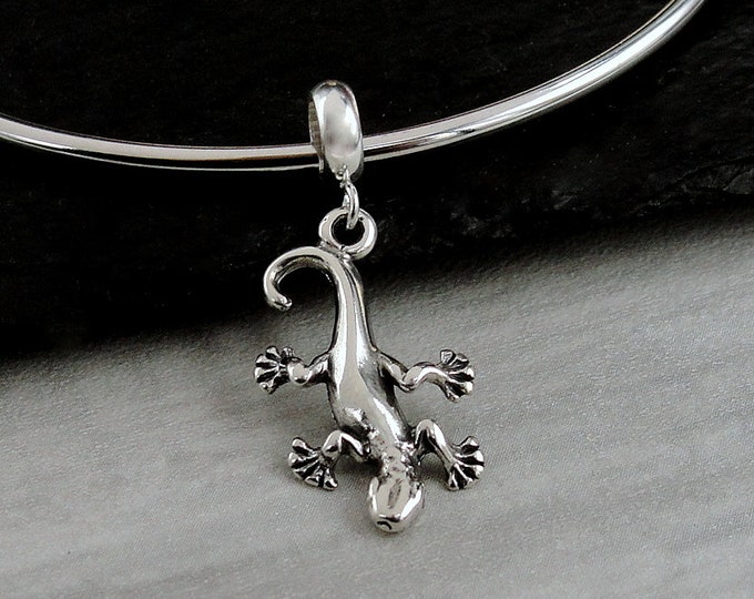 925 Sterling Silver Gecko Dangle Charm, Gecko European Charm, Lizard European Charm, Bracelet Charm, Large Hole Bead, Big Hole Bead