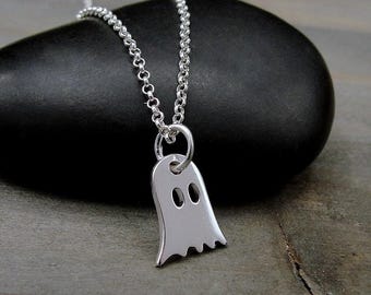 Ghost Necklace, Sterling Silver Ghost Charm on a Silver Cable Chain, 925 Ghost Charm, Halloween Necklace, Halloween Charm, Spooky Jewelry