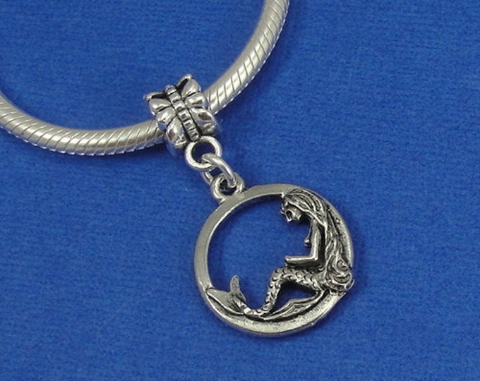 CLOSEOUT - Mermaid Disc European Dangle Bead Charm - Silver Mermaid Charm for European Bracelet