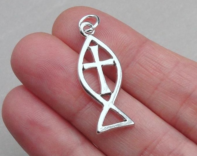 Christian Fish Charm, Silver Jesus Fish with Cross Charm, Fish Cross Charm, Christian Fish Symbol Charm, Religious Charm, Fish Cross Pendant