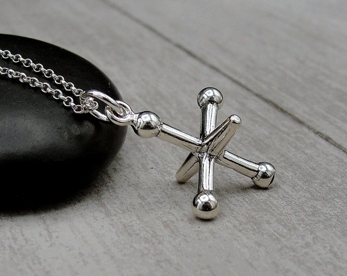 Toy Jack Necklace, 925 Sterling Silver 3D Toy Jacks Charm Necklace, Game of Jax Charm, Game Piece Charm, Children's Game Charm Jewelry