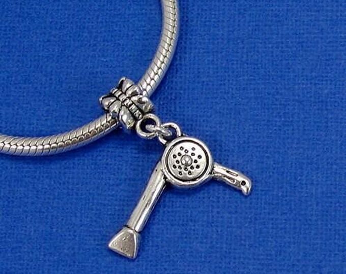 Hair Dryer European Dangle Bead Charm - Silver Blow Dryer Stylist Charm for European Bracelet