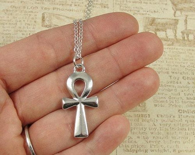 Ankh Necklace, Silver Plated Ankh Charm on a Silver Cable Chain
