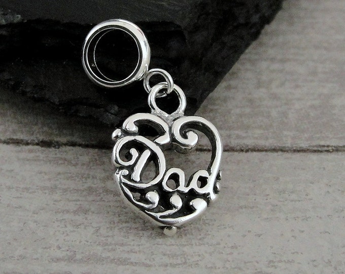 925 Sterling Silver Dad Dangle Bead Charm, Dad European Charm, Dad Charm, Father Charm, Bracelet Charm, Large Hole Bead, Dad Memorial Gift