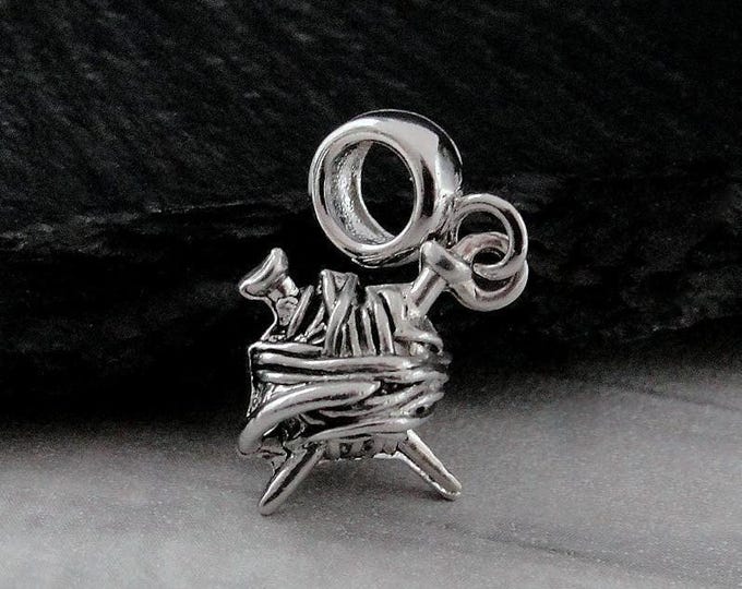 Knitting Yarn European Charm, Silver Yarn Ball Dangle Charm, Knitting Charm with Bail, Knitting Needles Charm, Yarn Charm, Knitting Gift