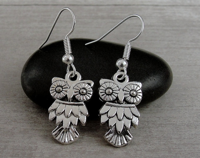 Owl Earrings, Silver Plated Owl Dangle Drop Earrings on French Earwires, Night Bird Earrings, Feathered Owl Drop Earrings, Owl Gift Jewelry