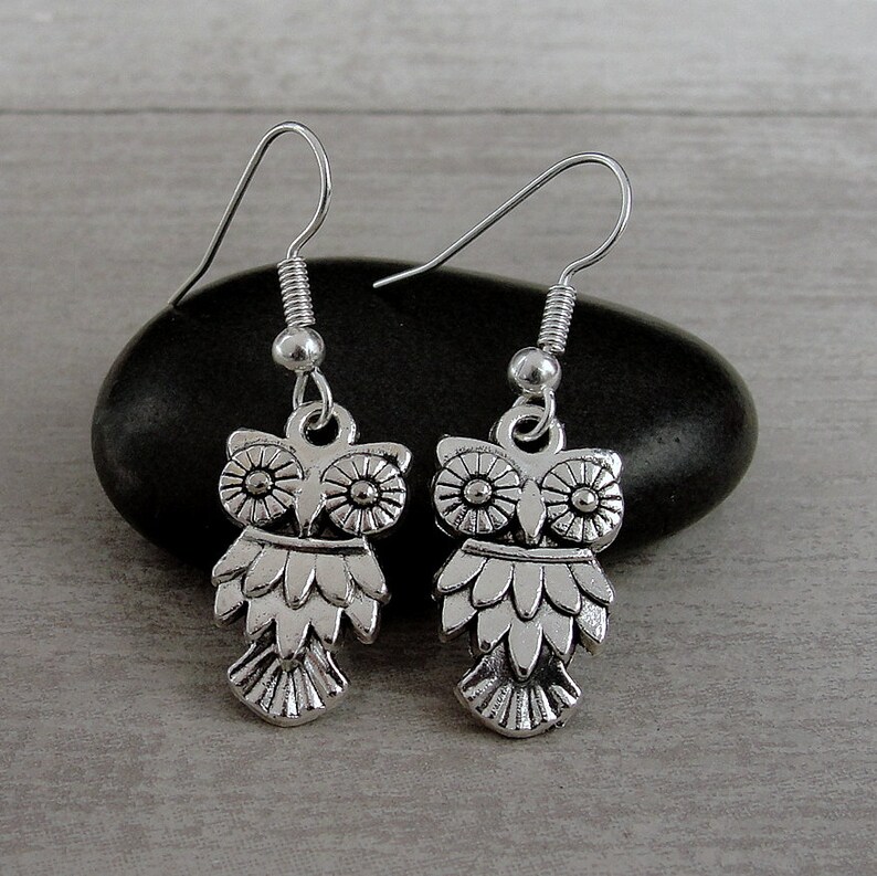 Owl Earrings, Silver Plated Owl Dangle Drop Earrings on French Earwires, Night Bird Earrings, Feathered Owl Drop Earrings, Owl Gift Jewelry image 1