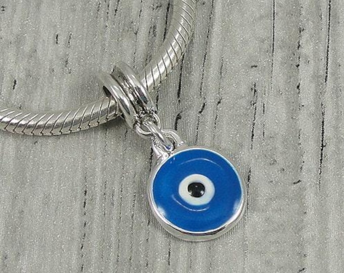 Blue Evil Eye European Dangle Bead Charm - Silver and Blue Evil Eye Charm for European Bracelet