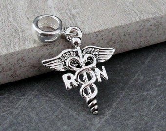 Silver Registered Nurse Caduceus Dangle Charm, RN Nurse Symbol Charm, RN Nurse Charm, Nurse Dangle Charm, Large Hole Bead, Nurse Gift