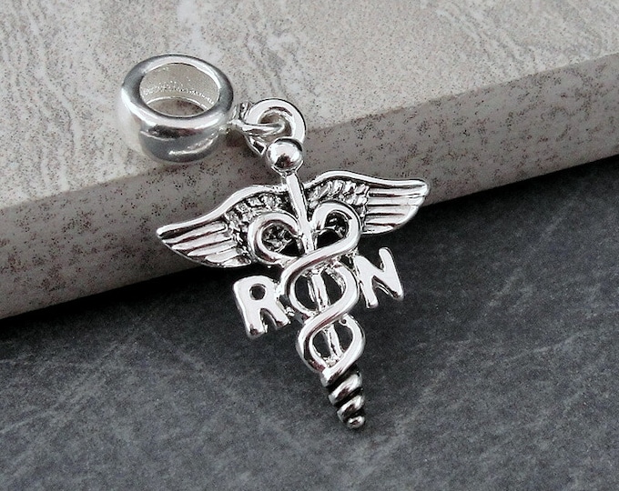 Silver Registered Nurse Caduceus Dangle Charm, RN Nurse Symbol Charm, RN Nurse Charm, Nurse Dangle Charm, Large Hole Bead, Nurse Gift