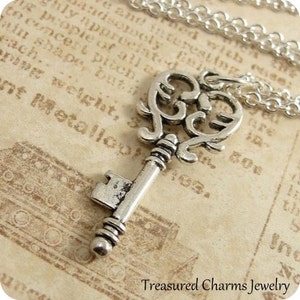 Decorative Heart Key Necklace, Silver Plated Heart Key Charm on a Silver Cable Chain