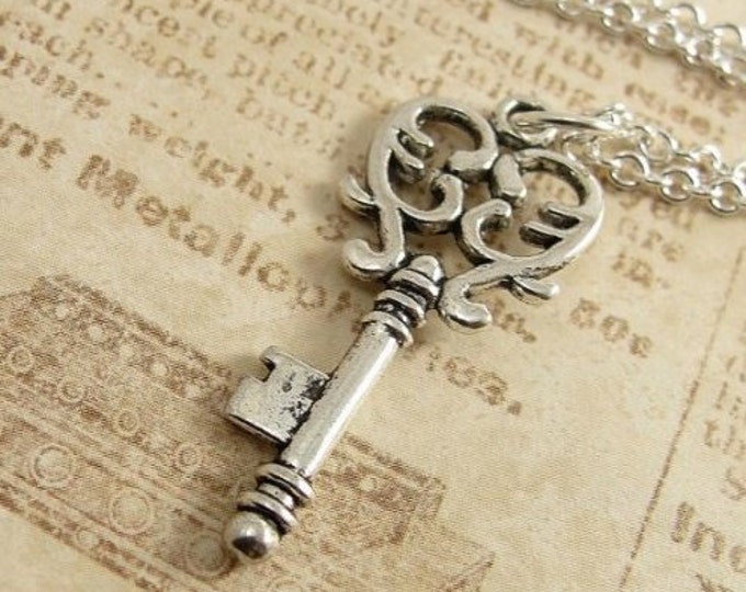 Decorative Heart Key Necklace, Silver Plated Heart Key Charm on a Silver Cable Chain