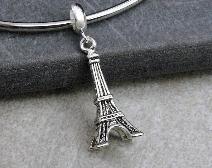 Eiffel Tower European Charm, Silver 3D Eiffel Tower Dangle Charm, 3D Eiffel Tower Charm with Bail, Paris France Charm, Large Hole Bead