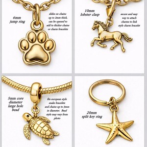 The image is a collage of four different gold-colored charms, including a lobster clasp, a jump ring, a turtle, and a starfish.
