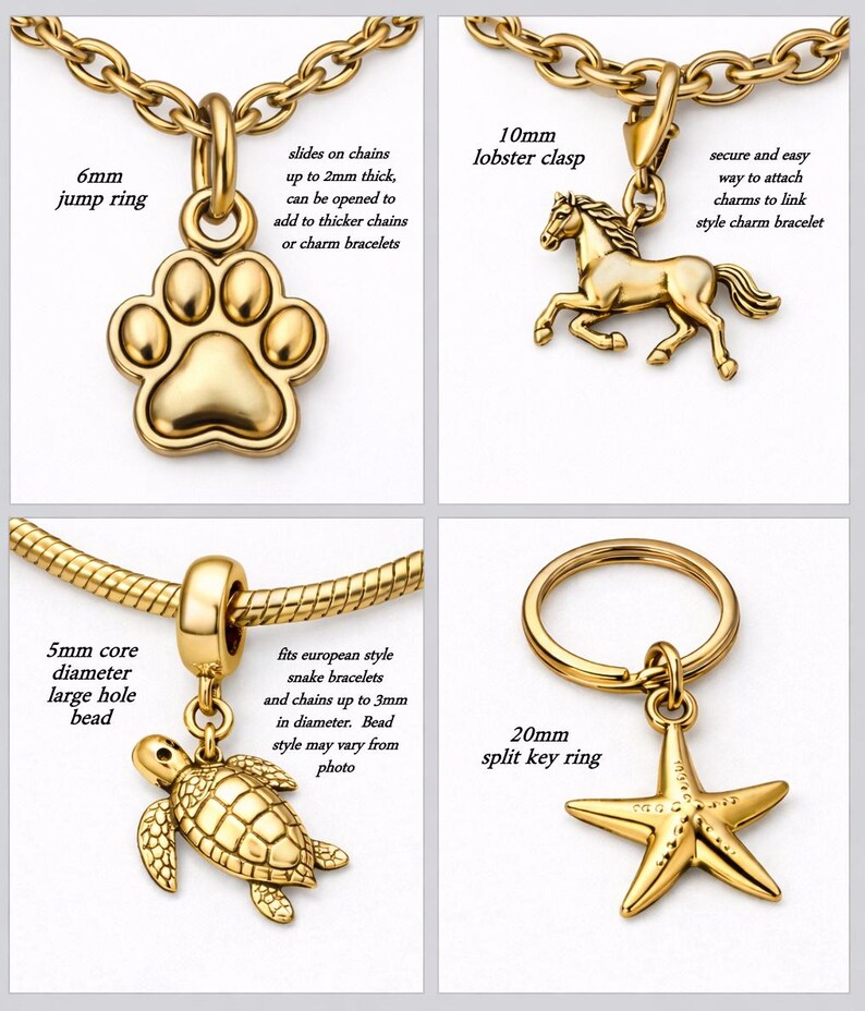 The image is a collage of four different gold-colored charms, including a lobster clasp, a jump ring, a turtle, and a starfish.