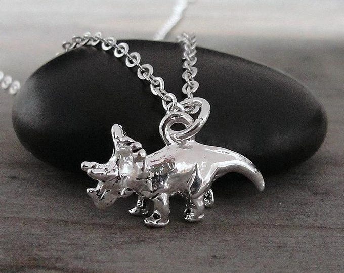 Triceratops Necklace, Silver Plated 3D Tricertops Charm Necklace, Dinosaur Charm Necklace, Prehistoric Charm, Tricertops Gift, Dinosaur Gift