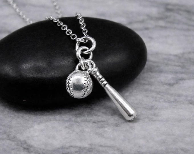 Silver 3D Baseball Bat and Ball Charm Necklace, Softball Pendant, Gift for Baseball or Softball Player