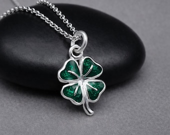 Sterling Silver Green Shamrock Necklace, Four Leaf Clover Charm, St Patricks Day Pendant, Good Luck Gift, Lucky Charm Jewelry