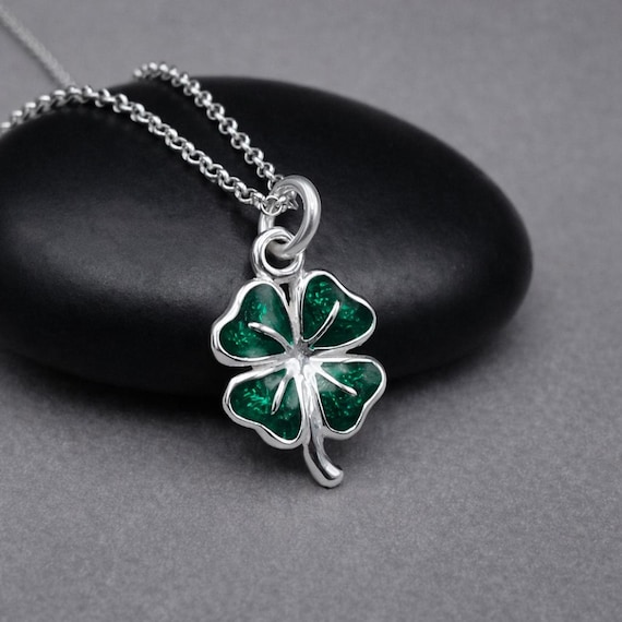 Sterling Silver Green Shamrock Necklace, Four Leaf Clover Charm, St Patricks Day Pendant, Good Luck Gift, Lucky Charm Jewelry