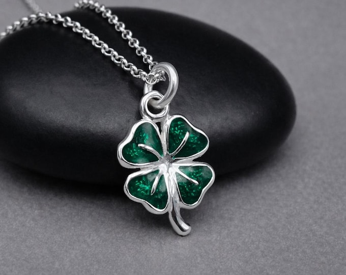 Sterling Silver Green Shamrock Necklace, Four Leaf Clover Charm, St Patricks Day Pendant, Good Luck Gift, Lucky Charm Jewelry