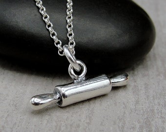 Rolling Pin Necklace, 925 Sterling Silver 3D Rolling Pin Charm Necklace, Baking Necklace, Baker's Necklace, Bakery Necklace, Gift for Baker