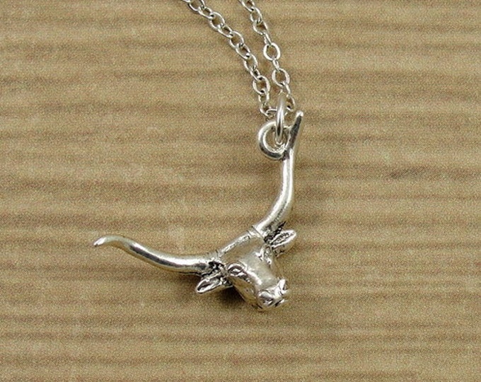 Texas Longhorn Necklace, Silver Longhorn Charm on a Silver Cable Chain