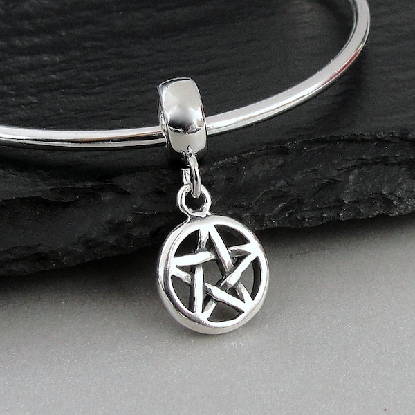 Pentacle European Charm, 925 Sterling Silver Pentagram Dangle Charm, Pentacle Charm with Bail, Pagan Charm, Wiccan Charm, Gothic Charm