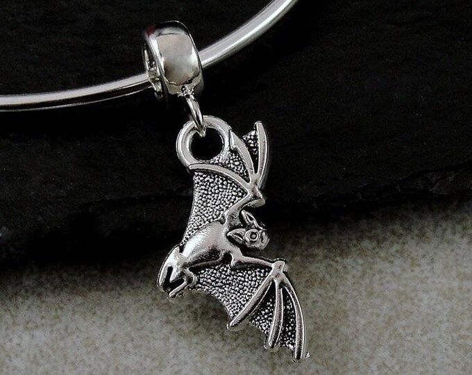 Spooky Bat European Charm, Silver Vampire Bat Dangle Charm, Halloween Charm on Bail, Flying Bat Charm, Halloween Pendant, Halloween Jewelry