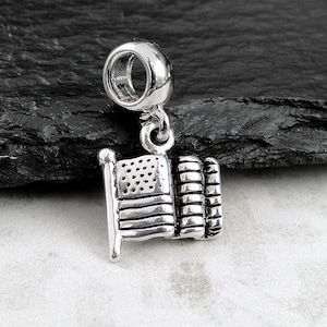American Flag European Charm, 925 Sterling Silver USA Flag Dangle Charm, USA Flag Charm with Bail, Patriotic Charm, Large Hole Bead
