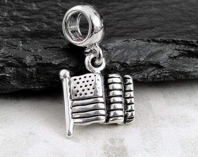 American Flag European Charm, 925 Sterling Silver USA Flag Dangle Charm, USA Flag Charm with Bail, Patriotic Charm, Large Hole Bead