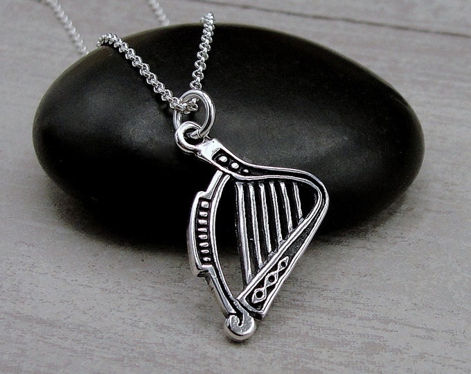 Harp Necklace, 925 Sterling Silver Harp Charm Necklace, Lyre Charm Necklace, Musical Instrument Charm, Harpist Gift, Harp Player Gift