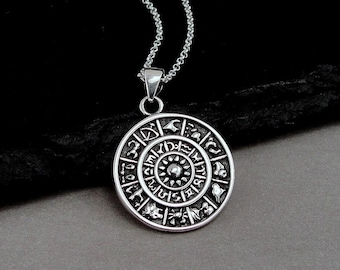 Zodiac Wheel Necklace, 925 Sterling Silver Zodiac Calendar Charm Necklace, Zodiac Necklace, Astrology Charm Necklace, Zodiac Charm Jewelry