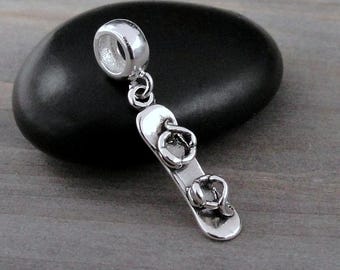 Sterling Silver Snowboard Dangle Charm with Large Hole Bead, Snowboarding Charm, Snowboarder Gift, Fits European Bracelets