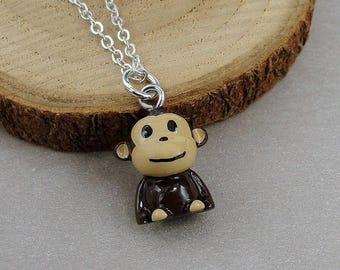 Cute Monkey Necklace, 3D Monkey Charm Necklace, Chimpanzee Necklace, Primate Necklace, Jungle Charm Necklace, Monkey Gift, Jungle Gift