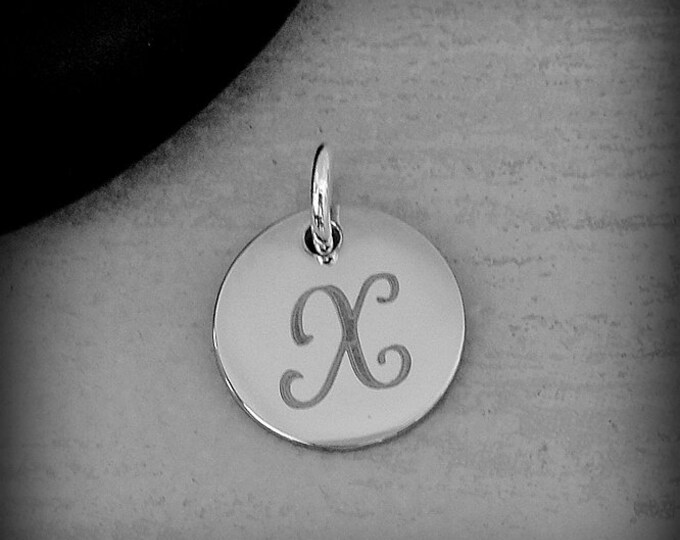 Stainless Steel Letter X Charm, Silver Engraved Letter X Round Disc Initial Charm, Cursive X Charm, Engraved Alphabet Script Font Pendant