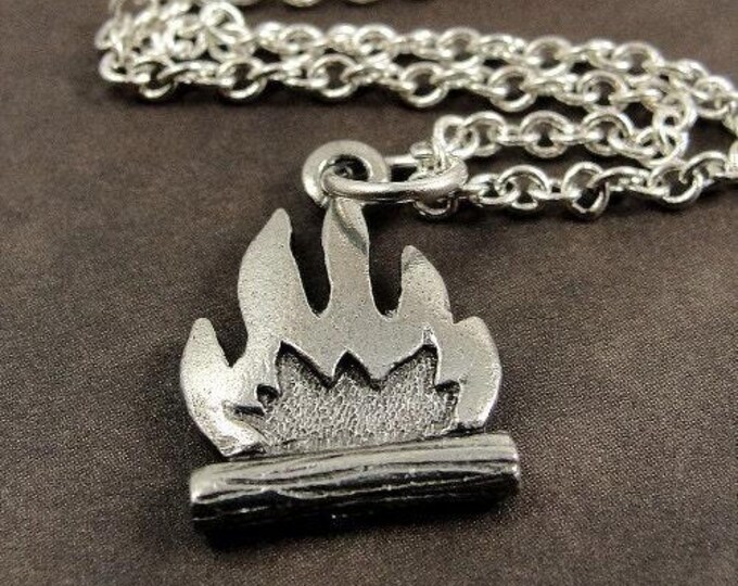 Campfire Necklace, Silver Flaming Fire Charm on a Silver Cable Chain