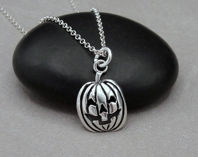 Jack O' Lantern Necklace, 925 Sterling Silver Jack O Lantern Charm on a Silver Cable Chain, 925 Pumpkin Charm Necklace, Halloween Charm