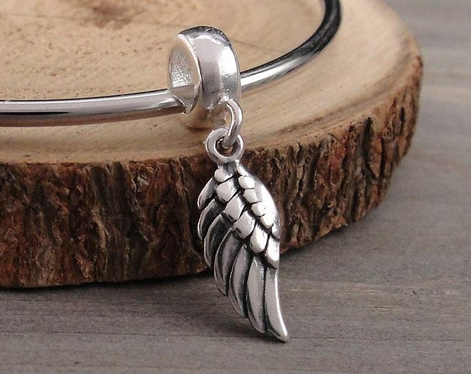925 Sterling Silver Angel Wing Dangle Charm - fits European Bracelets