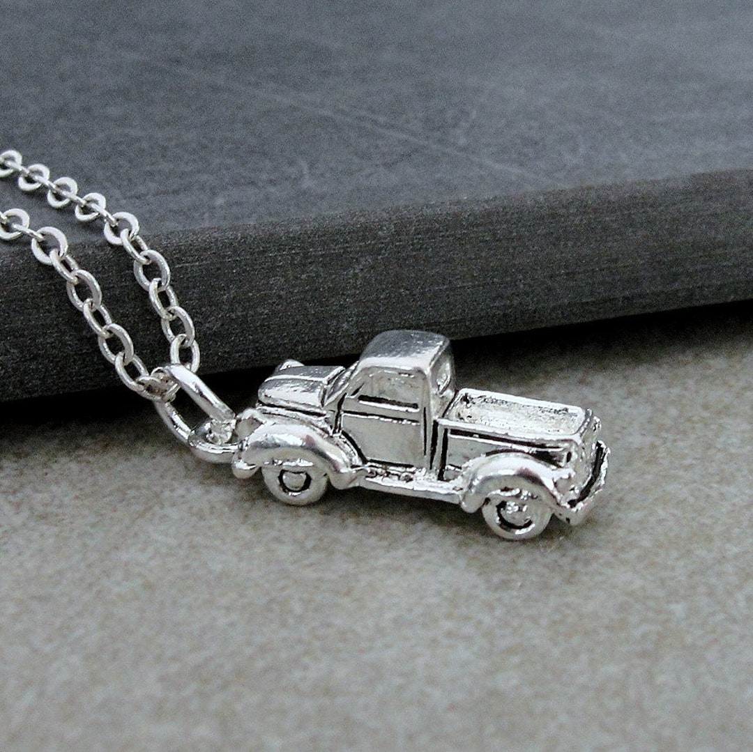 Pickup Truck Necklace, Silver Plated 3D Truck Charm Necklace, Old Farm