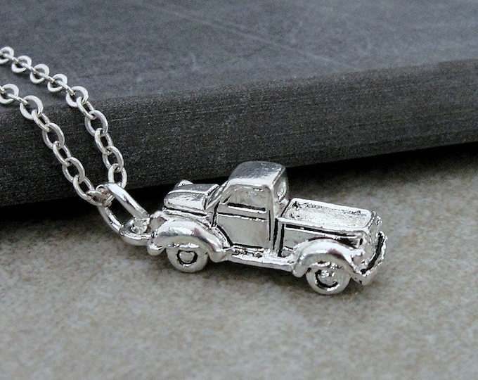 Pickup Truck Necklace, Silver Plated 3D Truck Charm Necklace, Old Farm Truck Necklace, 3D Truck Charm, Truck Gift, Truck Jewelry