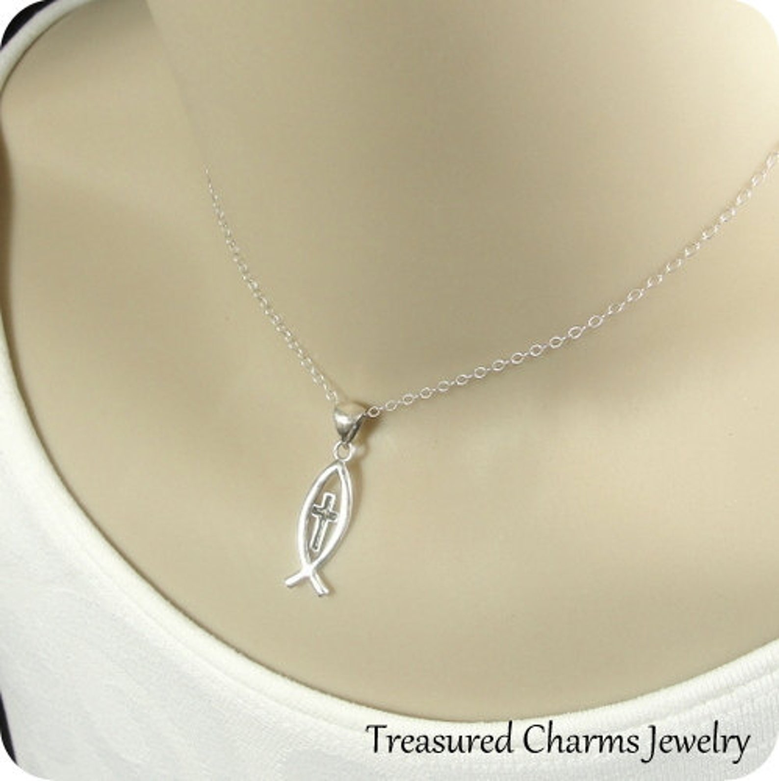 Christian Fish Necklace Sterling Silver Fish Cross Symbol Etsy