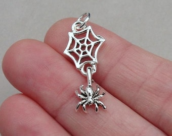 Spider Web Charm, Silver Plated Dangling Spider on Web Necklace Charm, Halloween Charm, Spider Charm, Spider GIft, Halloween Jewelry