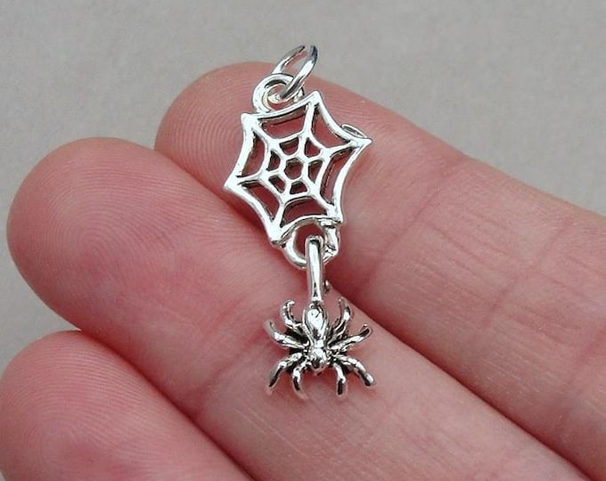 Spider Web Charm, Silver Plated Dangling Spider on Web Necklace Charm, Halloween Charm, Spider Charm, Spider GIft, Halloween Jewelry