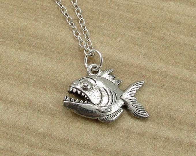 Piranha Necklace, Silver Piranha Charm on a Silver Cable Chain