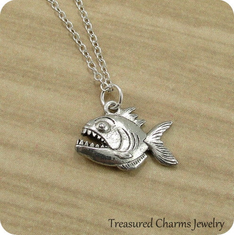 Piranha Necklace, Silver Piranha Charm on a Silver Cable Chain image 1