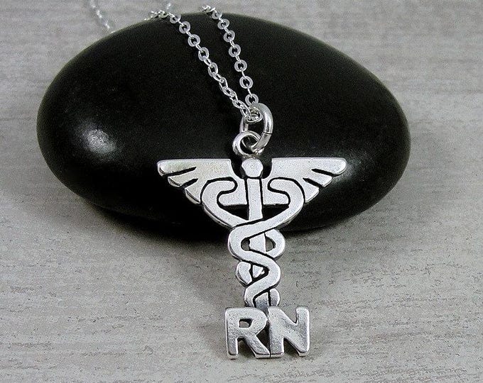 RN Caduceus Necklace, Sterling Silver Registered Nurse Charm on a Silver Cable Chain, RN Gift, Nurse Gift, Nursing School Charm, Nurse GIft
