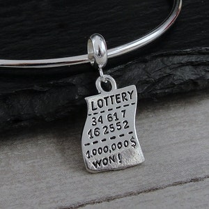 Lottery Ticket European Charm, Lottery Winner Dangle Charm, Lottery Charm with Bail, Millionaire Charm, Bracelet Charm, Large Hole Bead